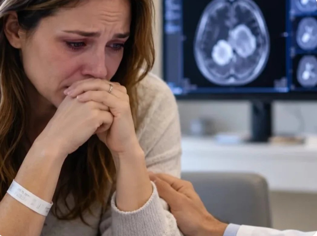 Une femme bouleversée après l’annonce d’un diagnostic de maladie grave, une main posée sur son bras